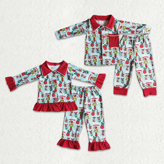 Matching Christmas Girls boys cartoon button pocket pajamas