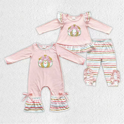 Matching Baby girls Halloween pumpkin bow golden stripe floral clothing embroidery