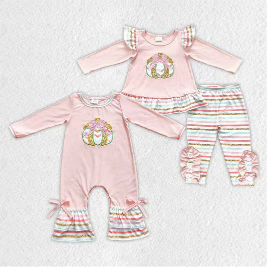 Matching Baby girls Halloween pumpkin bow golden stripe floral clothing embroidery