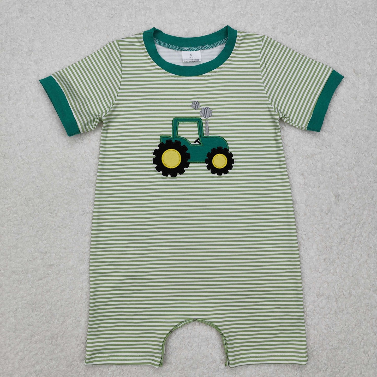 SR2431 Girls short sleeve tractor green romper embroidery