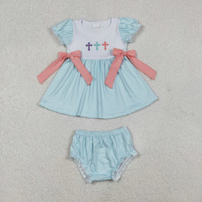 Matching Baby girls Easter cross bow dress & bummies embroidery
