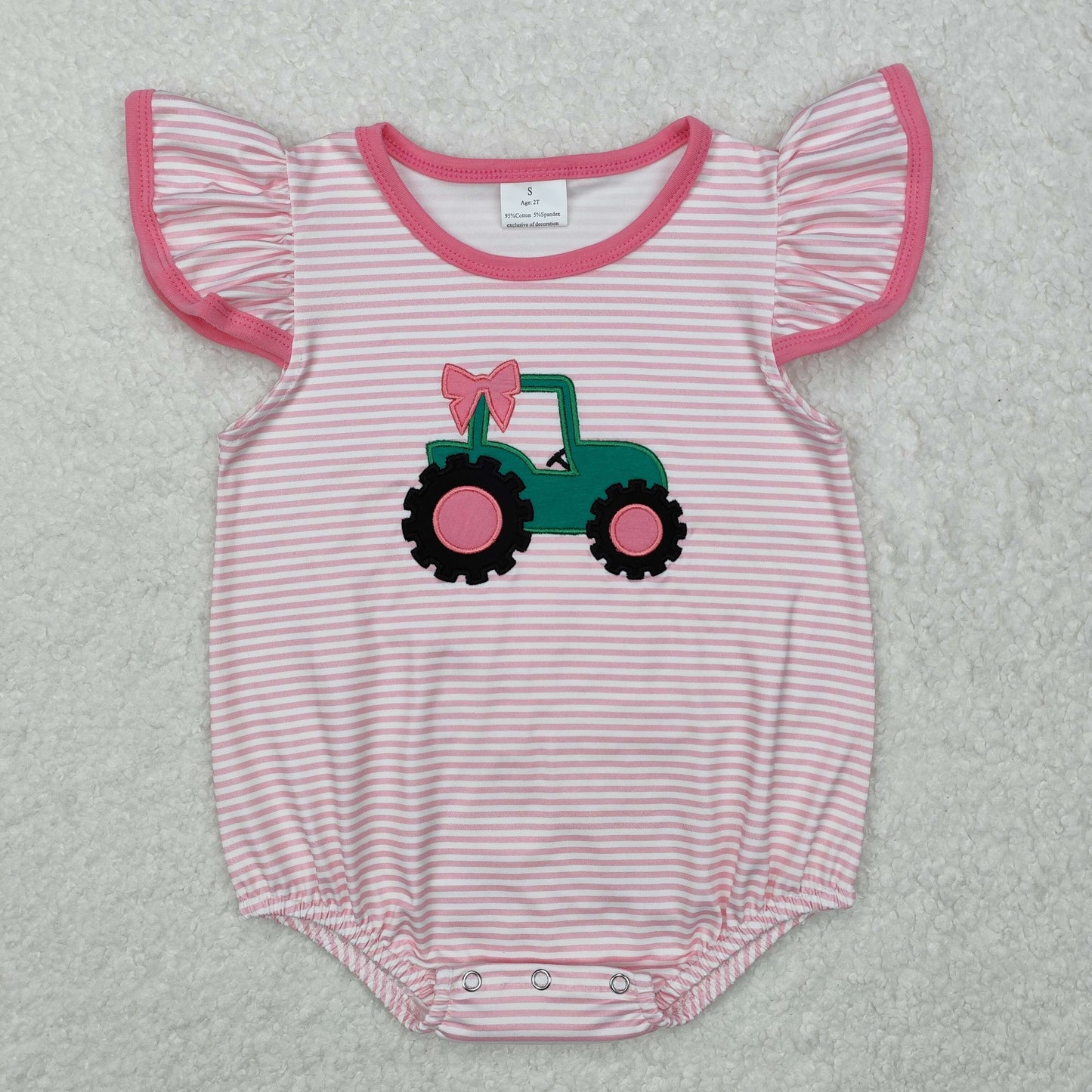 SR2432 Girls flying sleeve tractor romper embroidery