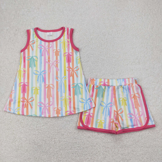GSSO2465 baby girls sleeveless bow colorful stripe outfits