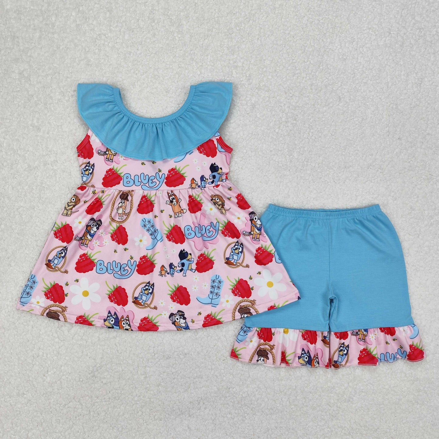 GSSO1904 girls blue floral sleeveless cartoon dog Strawberry shorts outfits