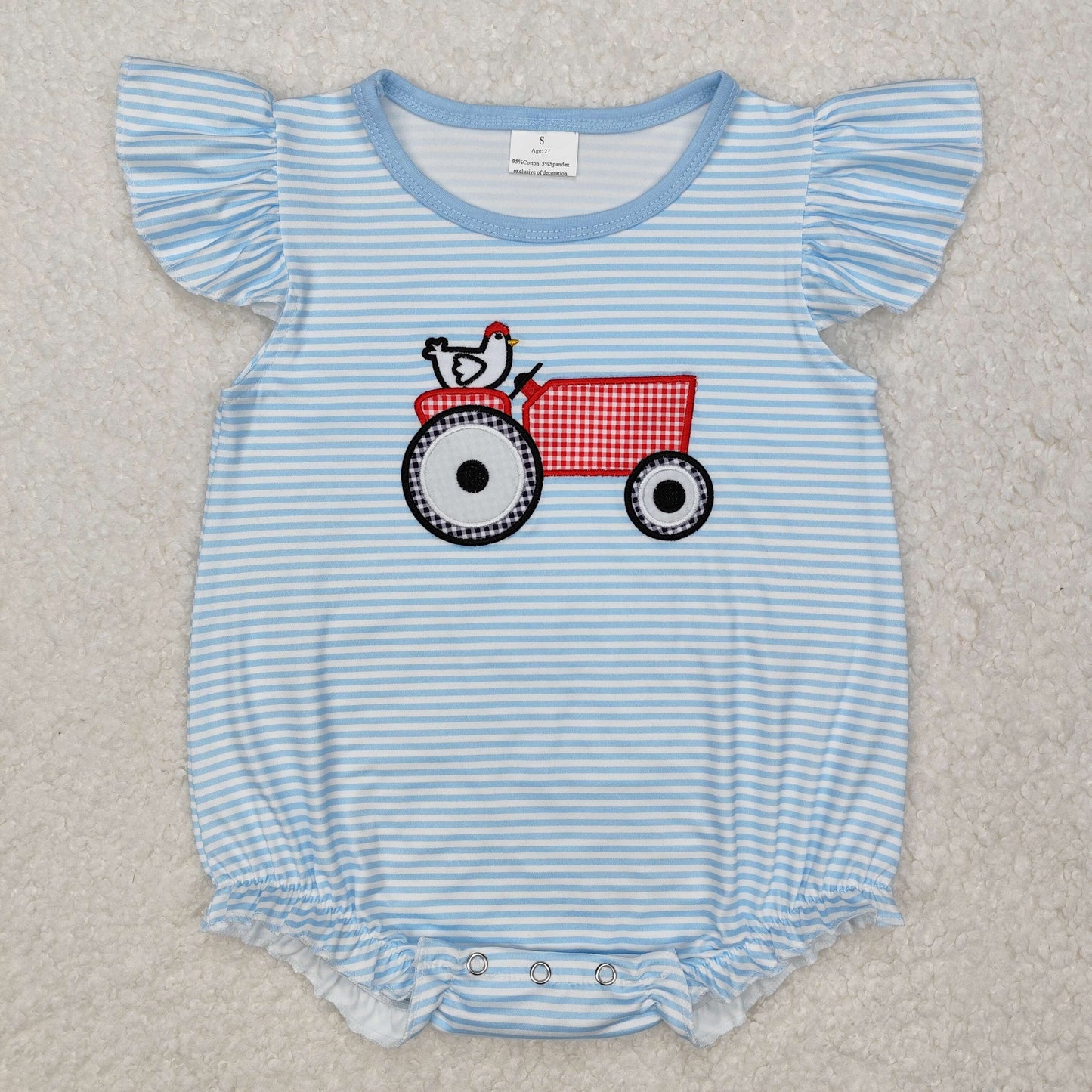 SR2407 Baby girls flying sleeve tractor blue romper embroidery