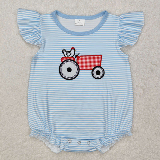 SR2407 Baby girls flying sleeve tractor blue romper embroidery