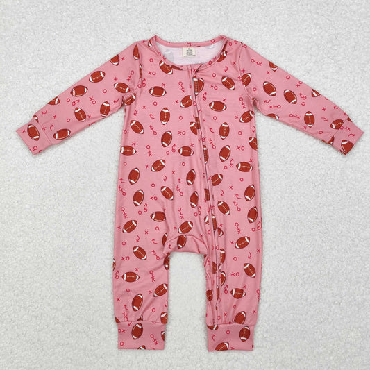 LR1988 Baby girls pink football bamboo zipper romper