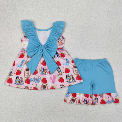 GSSO1904 girls blue floral sleeveless cartoon dog Strawberry shorts outfits