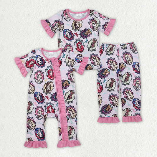 Matching Baby girls princess pink romper pajamas short sleeves
