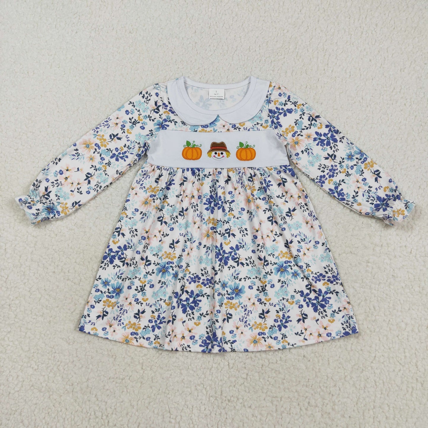 GLD1071 baby girls Halloween Pumpkin blue flower dress embroidery