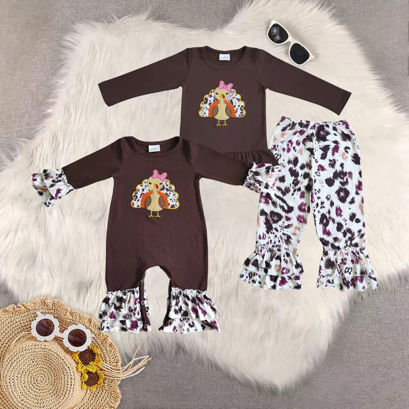 Matching Baby girls Thanksgiving brown turkey outfits embroidery clothing