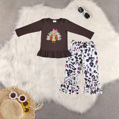 Matching Baby girls Thanksgiving brown turkey outfits embroidery clothing