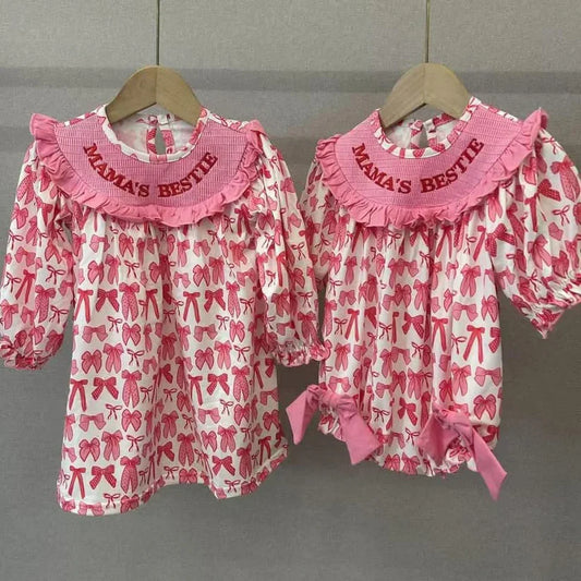 Matching Baby girls dress romper pink bow mama's bestie smocked