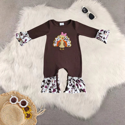Matching Baby girls Thanksgiving brown turkey outfits embroidery clothing