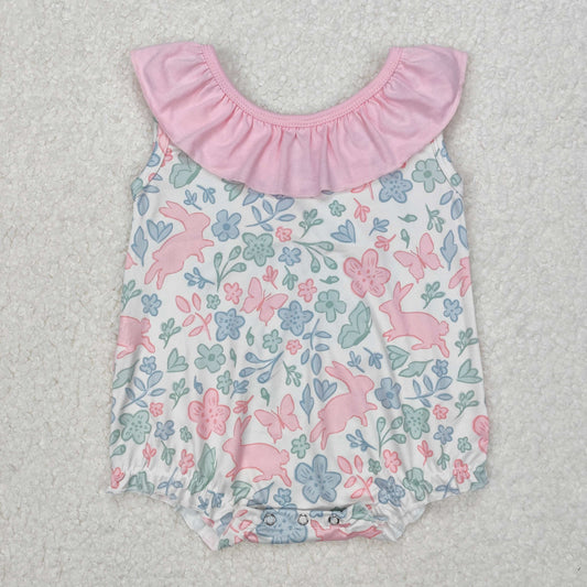 SR2546 Baby girls floral pink collar bow bunny romper