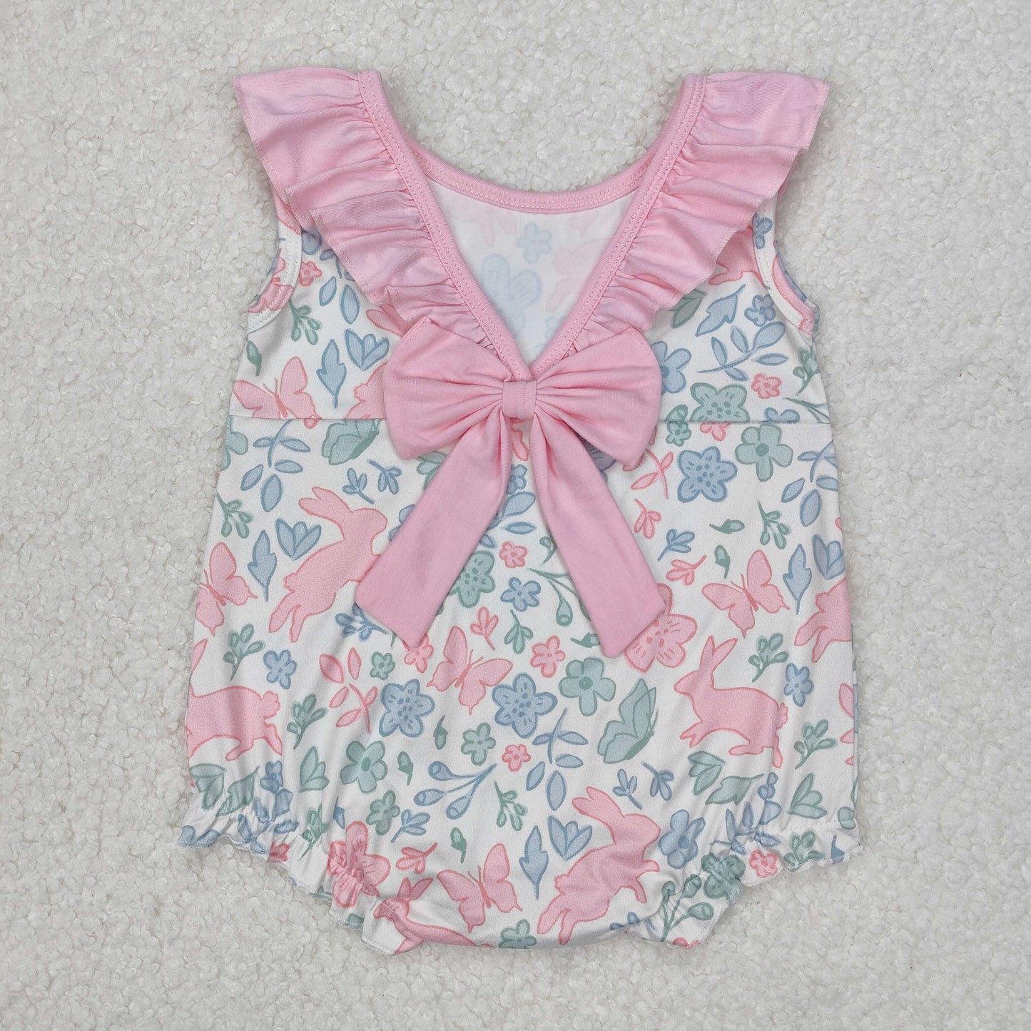 SR2546 Baby girls floral pink collar bow bunny romper