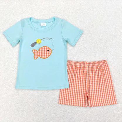 Matching Boys clothes embroidery summer Short Sleeve Shorts sets
