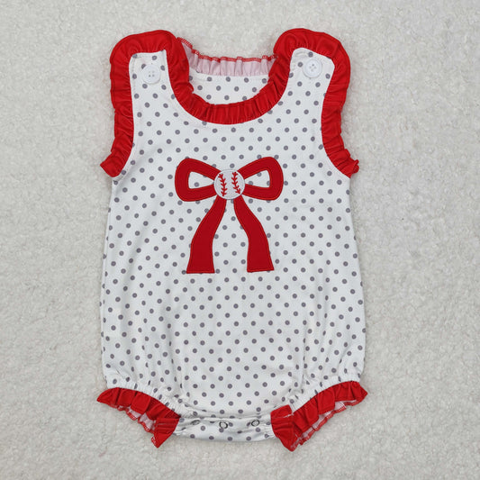 SR2376 Baby girls sleeveless red baseball bow romper embroidery