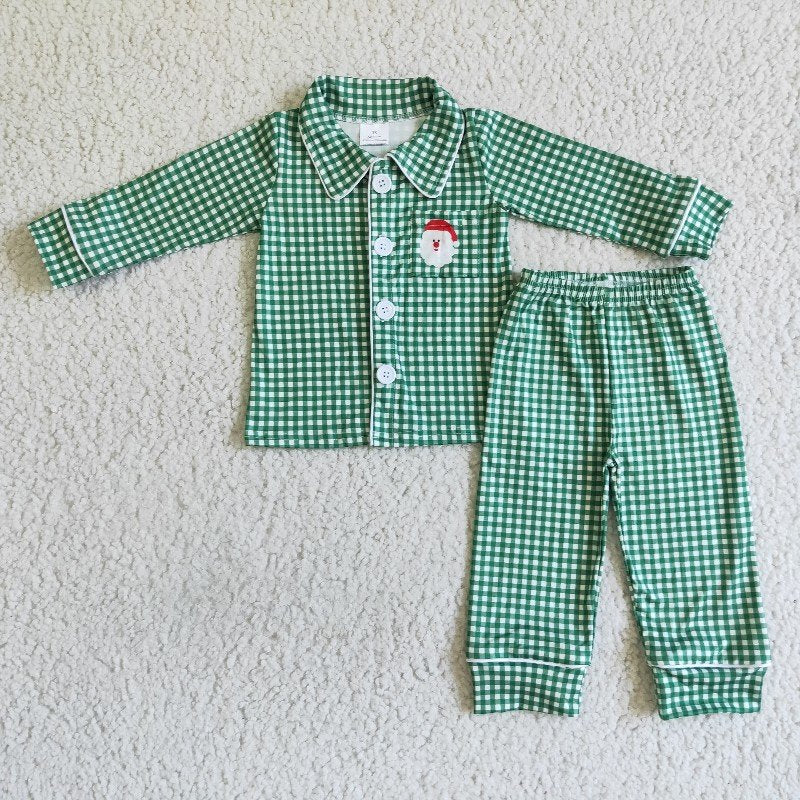 Matching Baby girls boys Christmas santa green checkered clothing embroidery