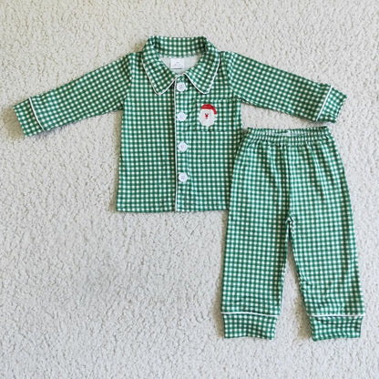 Matching Baby girls boys Christmas santa green checkered clothing embroidery