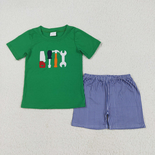 BSSO1066 Boys green tools plaid shorts outfits embroidery
