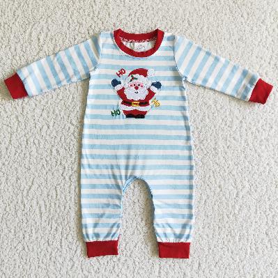 Matching Baby girls boys Christmas Santa blue stripe romper outfits long sleeves embroidery