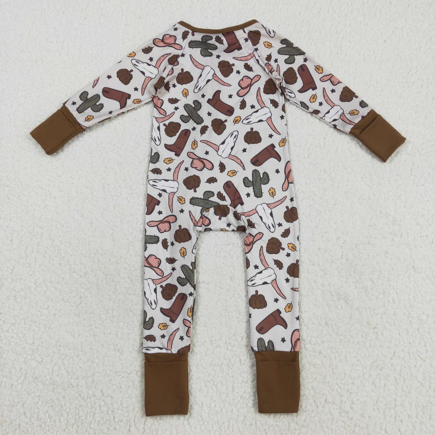 LR2334 Baby Boys bull hat boot zipper brown long sleeve romper