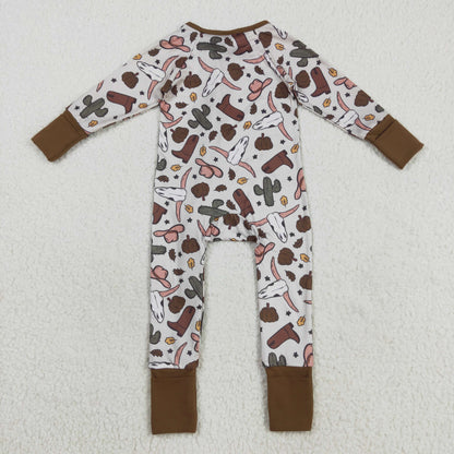 LR2334 Baby Boys bull hat boot zipper brown long sleeve romper