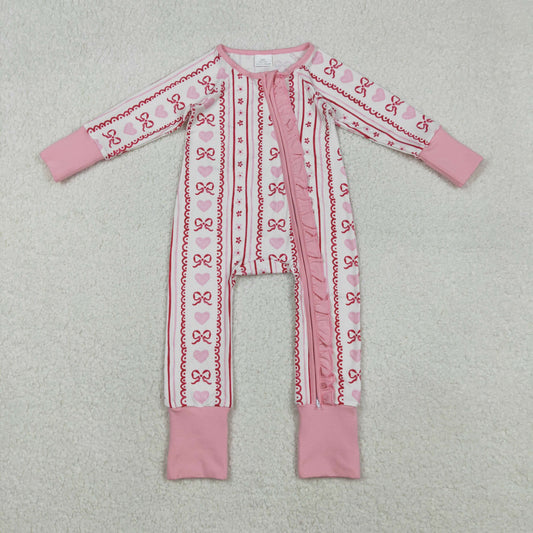 LR2781 baby girls stripe pink red bow zipper long sleeves romper