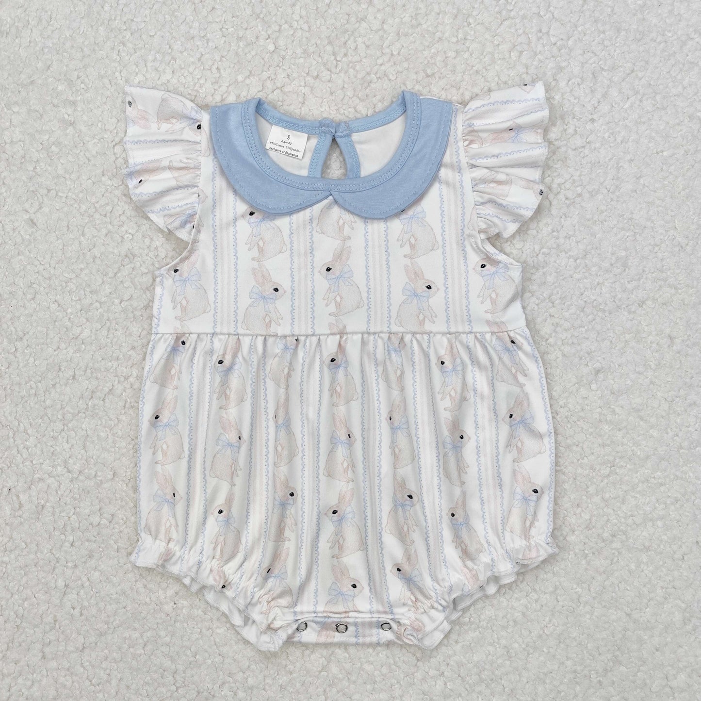 SR2132 Easter Bow blue doll collar white romper