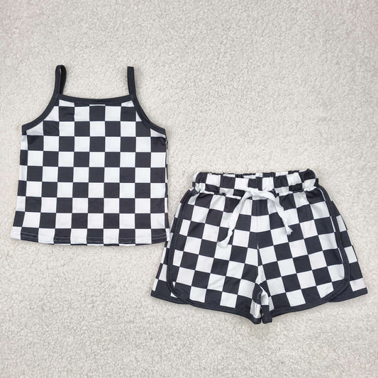 GSSO2334 baby girls black checkered shorts outfits