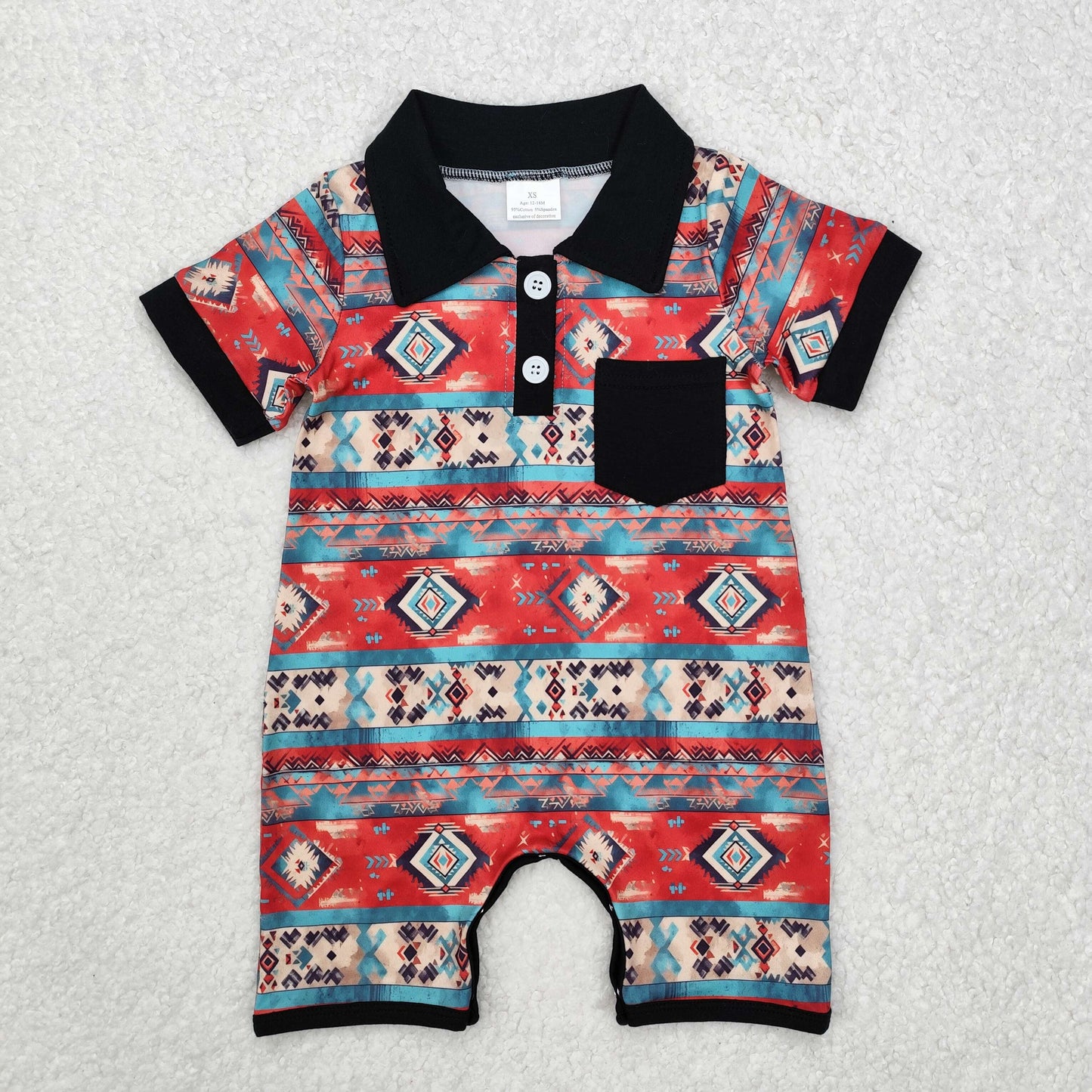 SR2320 Baby boys geometry short sleeve pocket western romper