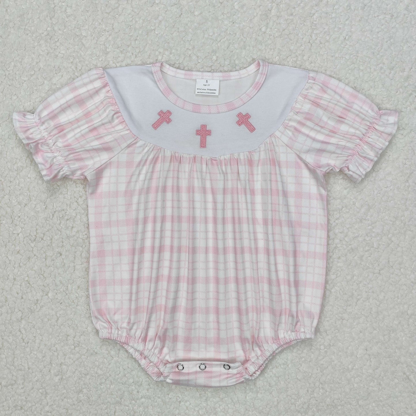 SR2504 Baby girls puff sleeve crosing pink checked romper embroidery