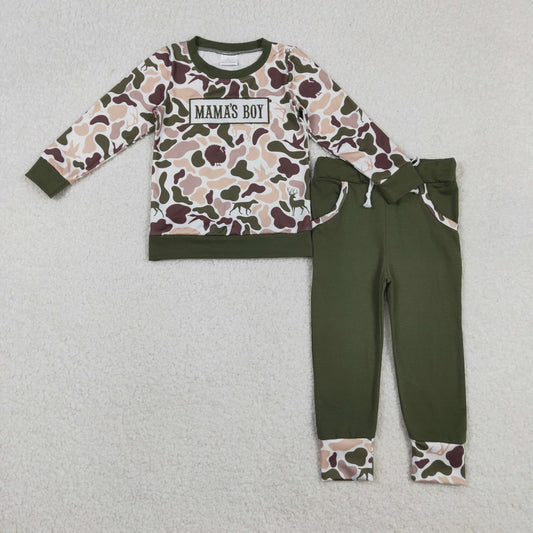 BLP1338 boys MAMA'S BOY brown camo long sleeves pant outfits embroidery