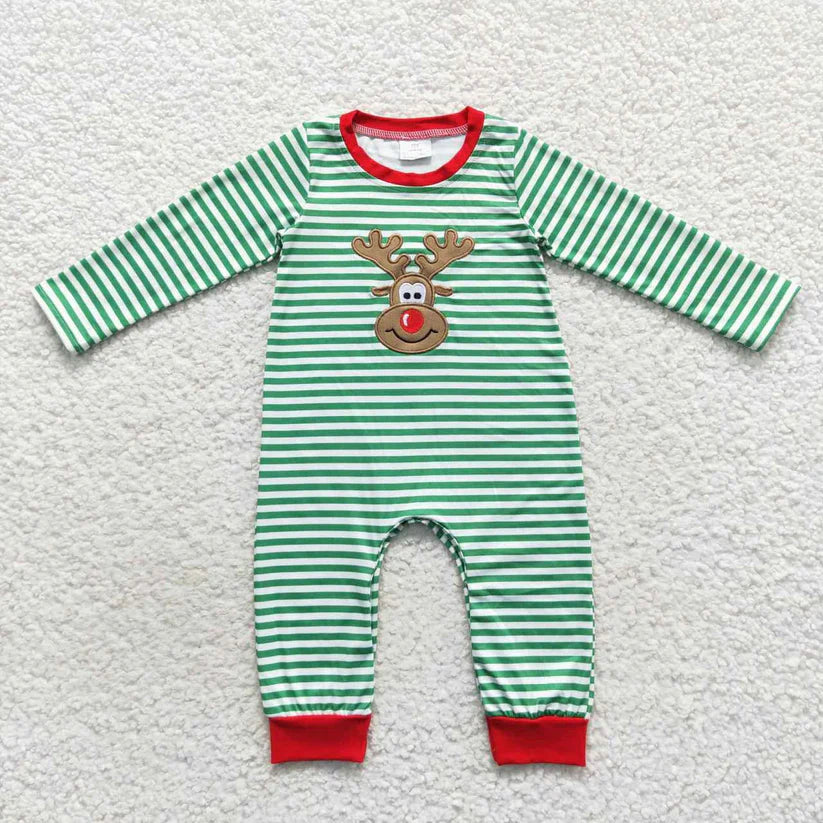 Matching Baby girls boys Christmas deer green stripe romper outfits long sleeves embroidery