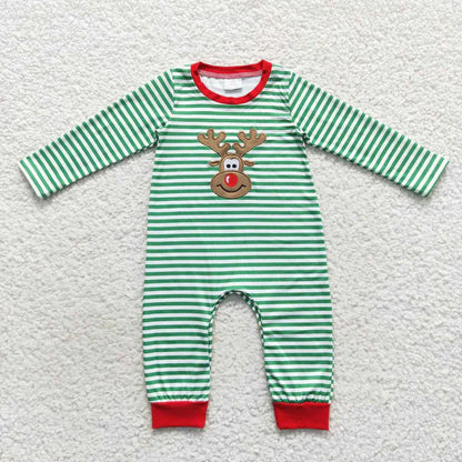 Matching Baby girls boys Christmas deer green stripe romper outfits long sleeves embroidery