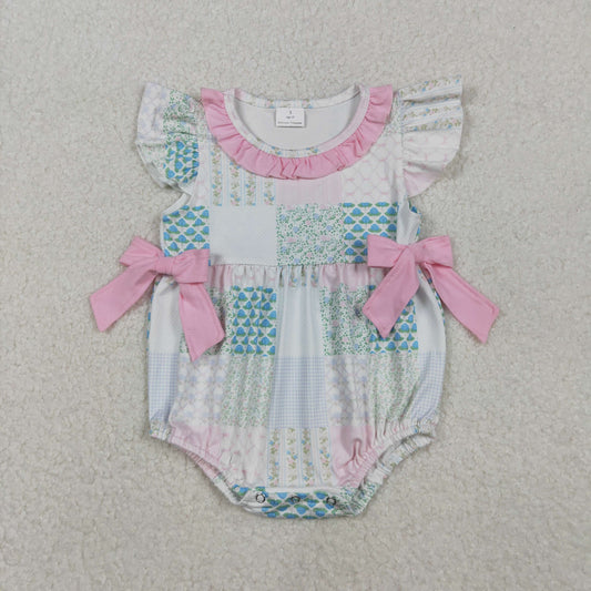 SR3293  baby girls flying pink bow sleeves romper
