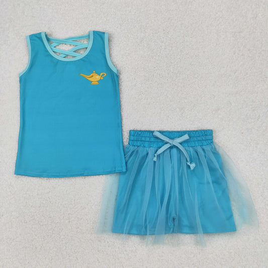 GSD2076 girls sleeveless green blue gauzy skirt outfits