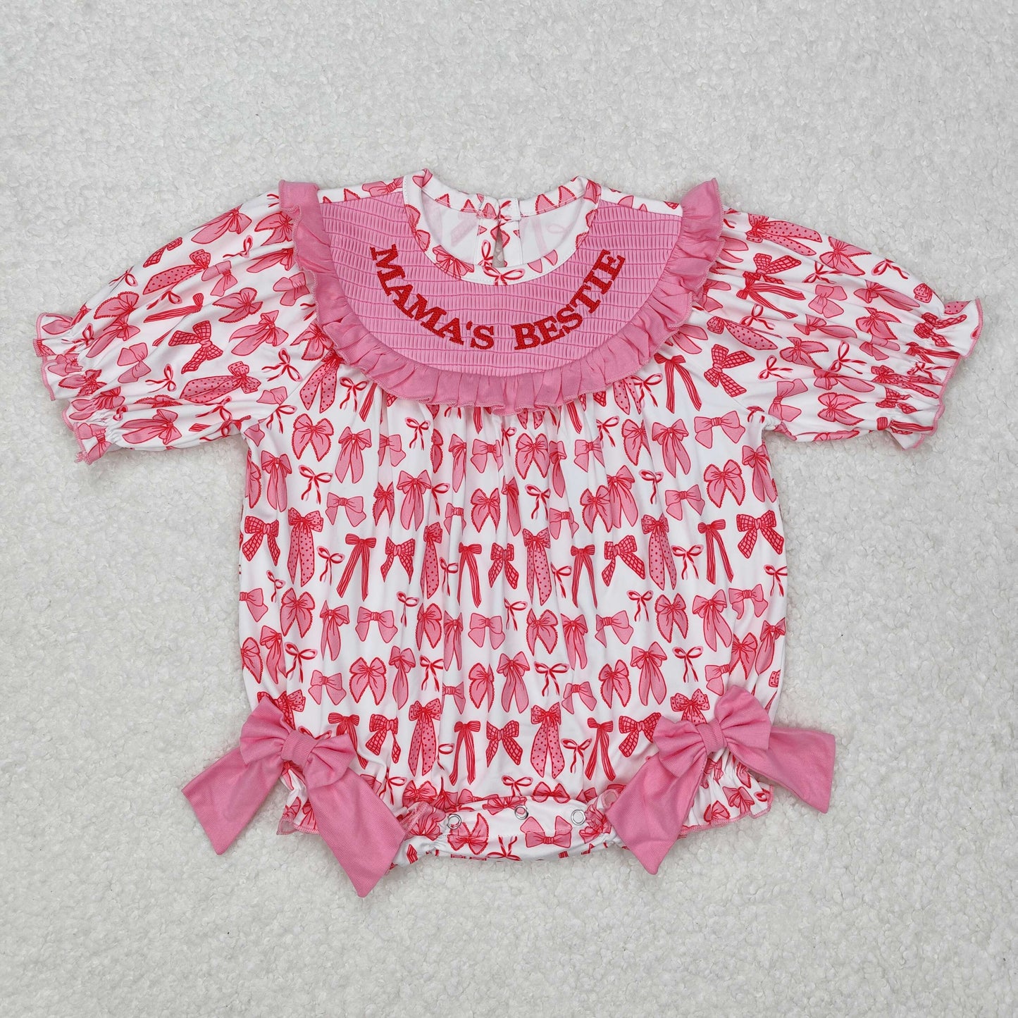 SR2620 Baby Girls pink bow MAMA'S BESTIE romper smocked