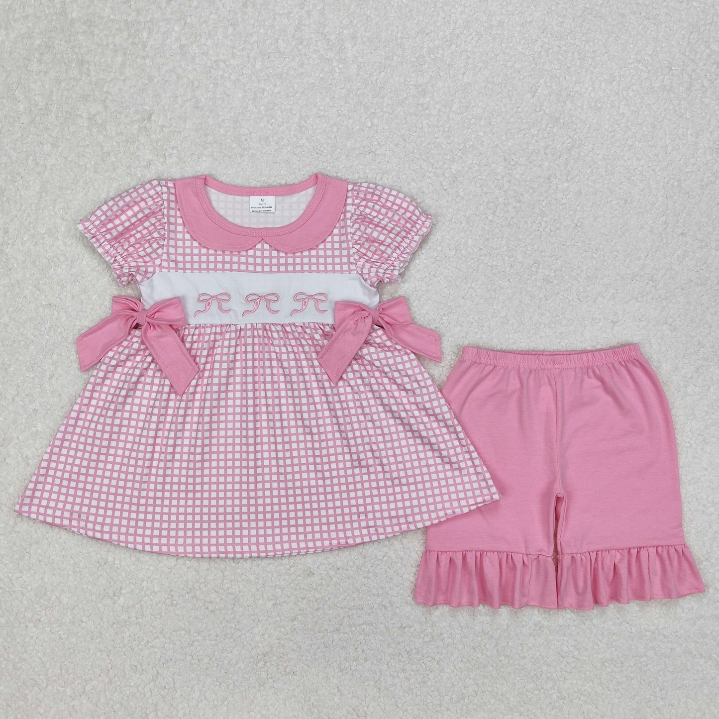 GSSO1879 girls rose checked puff sleeve bow outfits embroidery