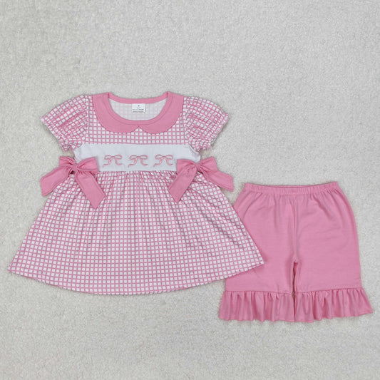 GSSO1879 girls rose checked puff sleeve bow outfits embroidery