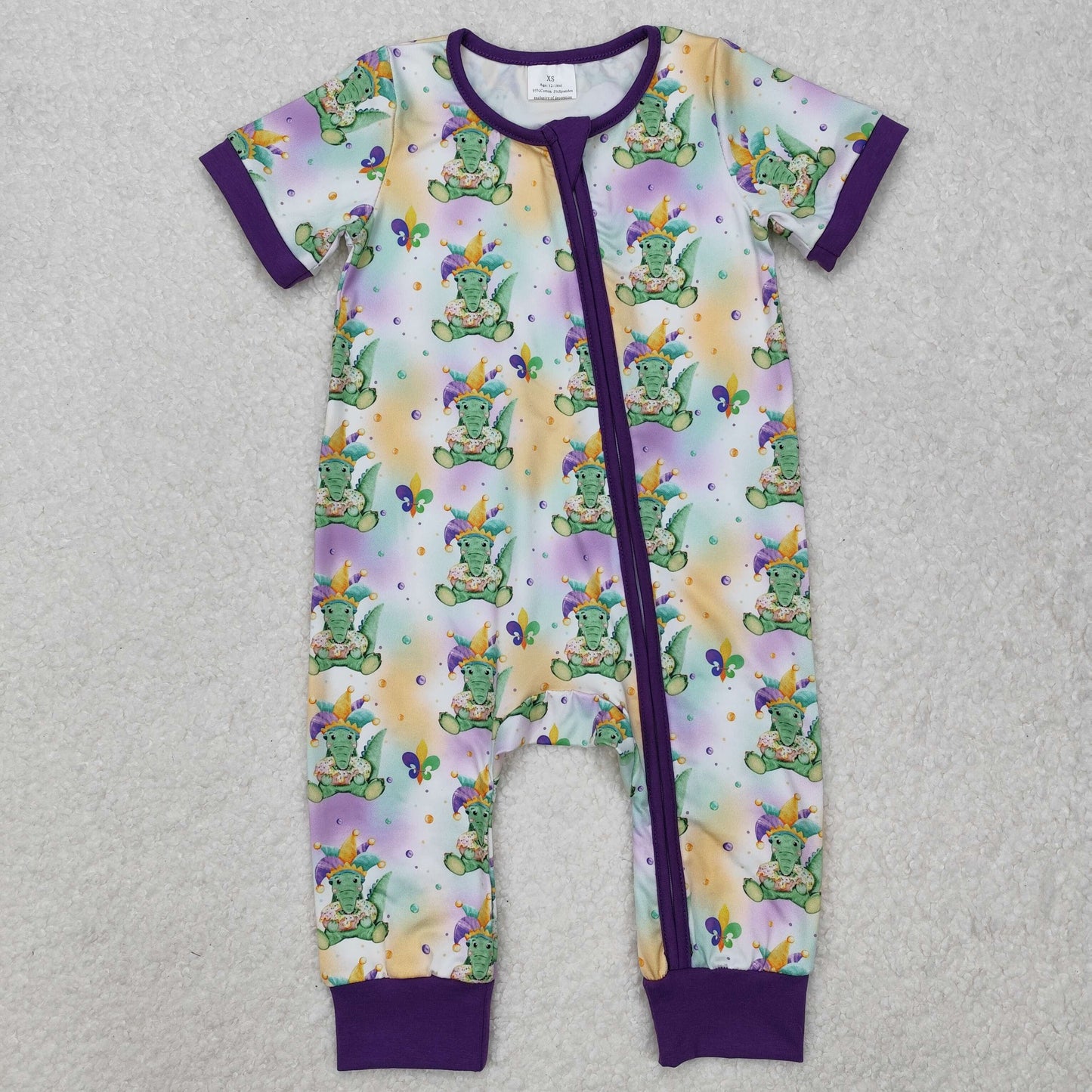 SR2398 Baby boys Mardi Gras dinosaur zipper short sleeve romper