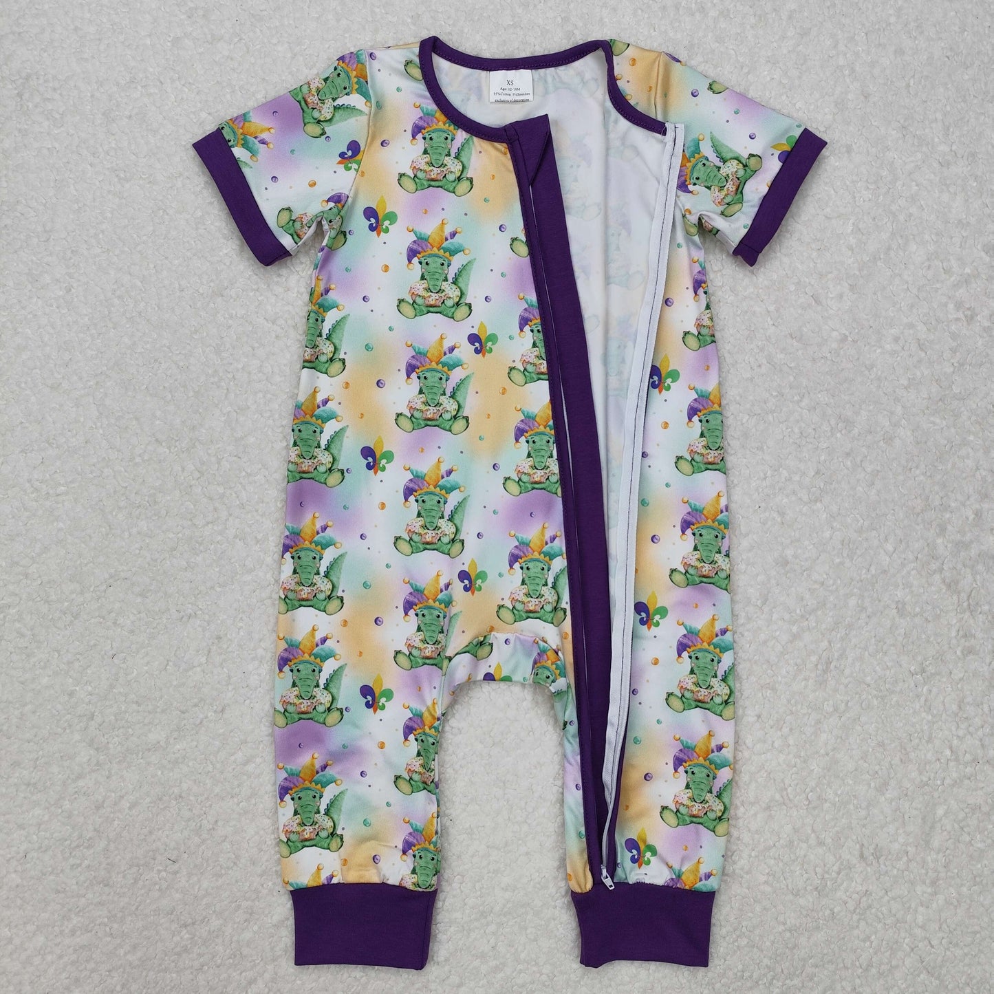 SR2398 Baby boys Mardi Gras dinosaur zipper short sleeve romper