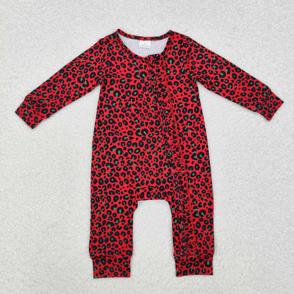 LR0962 Baby red leopard zipper floral romper