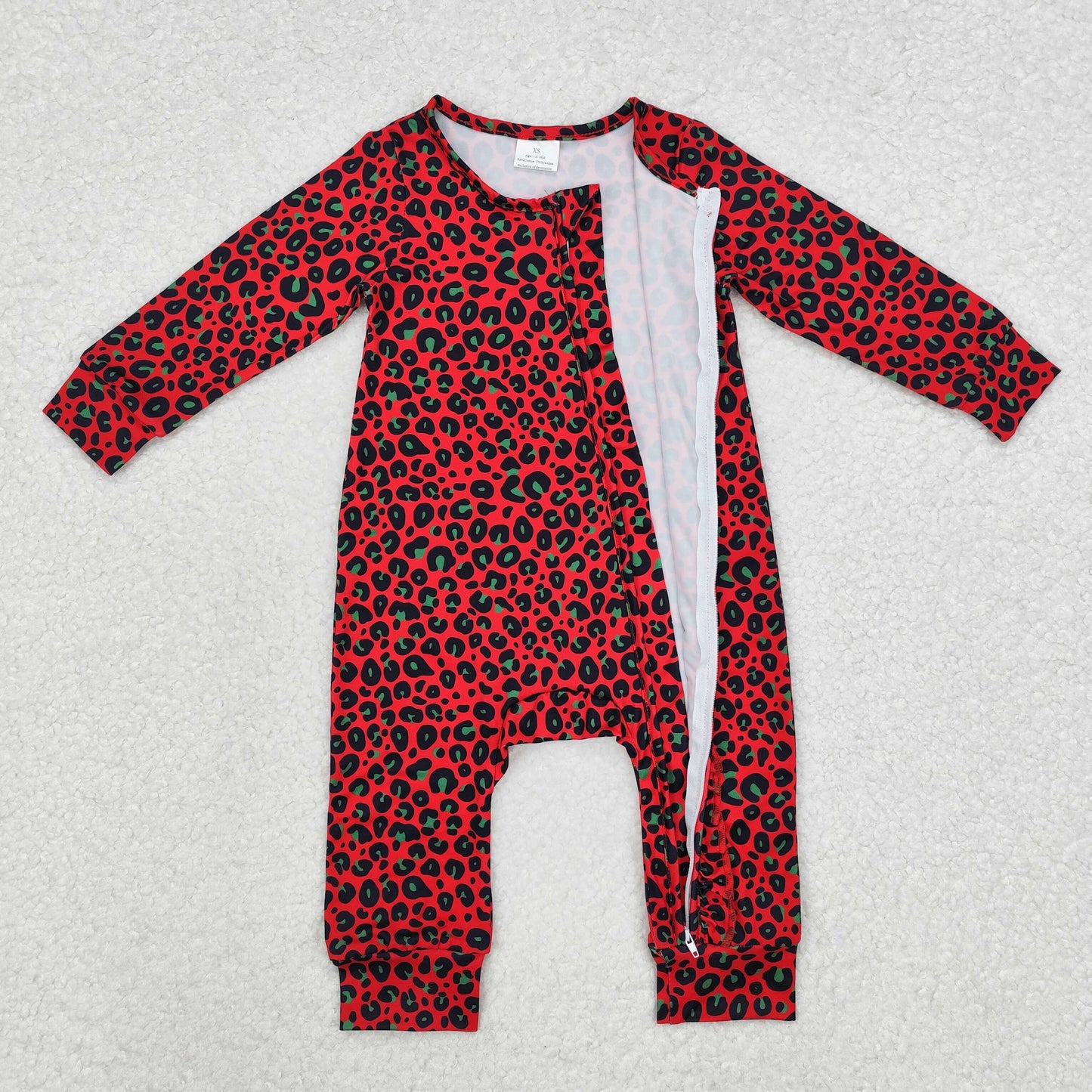 LR0962 Baby red leopard zipper floral romper