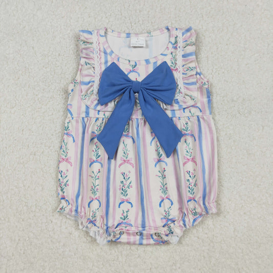 SR3045 Baby girls floral sleeveless stripe blue bow romper
