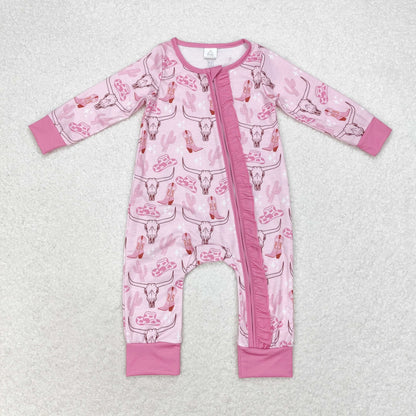 LR0689  long sleeve western cow pink baby bamboo romper (Shipment from the US)