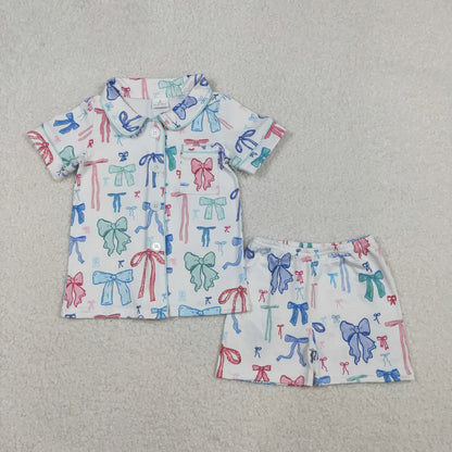 Family Matching Adult women  Baby kids bow button shorts pajamas