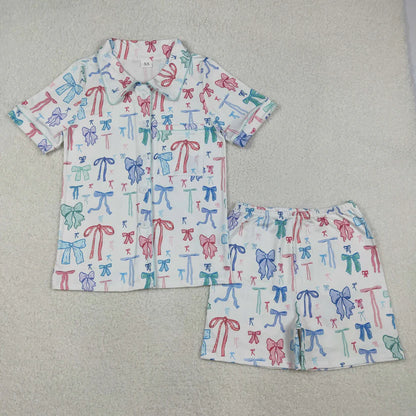 Family Matching Adult women  Baby kids bow button shorts pajamas