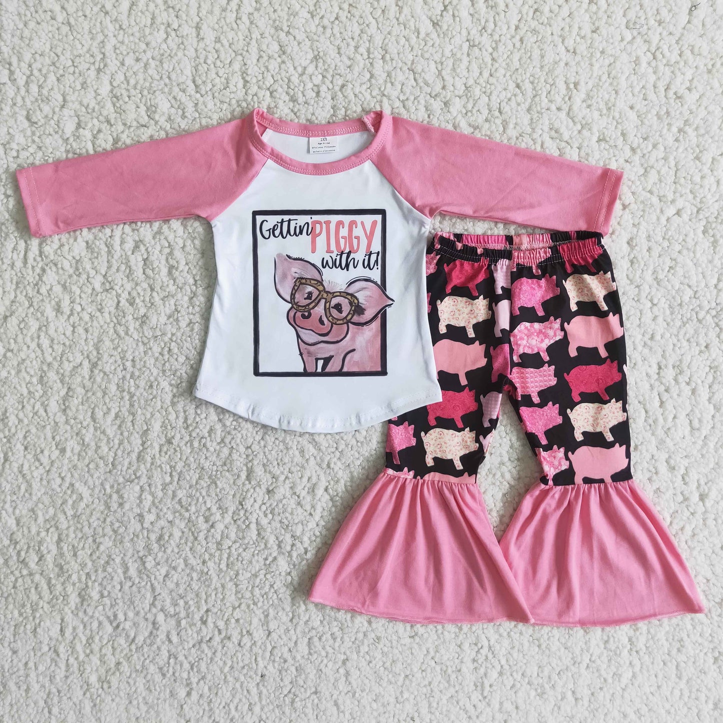 6 A10-17 Girls Pig Outfits Short Sleeves Pink Pants